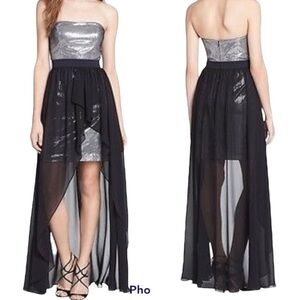 Aidan Mattox Silver And Black High Low Chiffon Overlay Sequin Sleeveless Dress